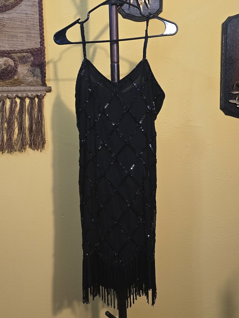 SCALA 90s Black Beaded Fringe Silk Slip Dress Sz M